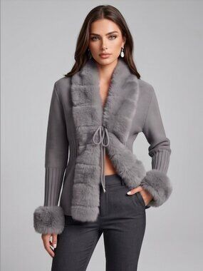 Luxe Faux Fur Trim Knit Cardigan Sweater with Tie Front in Heather Dark Grey